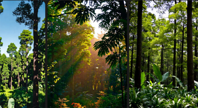 Dense-Indian-forest-showing Dense Indian forest showing tree canopy and greenery representing India’s environmental progress