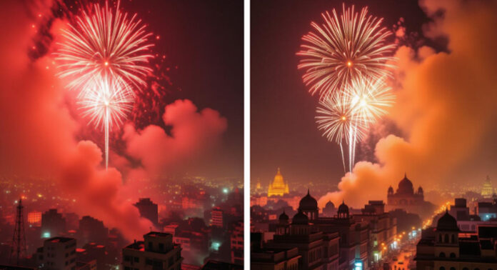 Diwali-2025-pollution-forec Diwali 2025 pollution forecast by IITM” / “Smog-filled city during Diwali celebrations