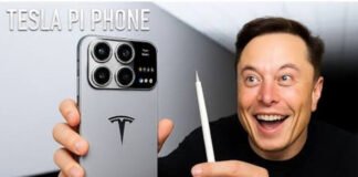 Elon Musk unveiling Tesla Model Pi smartphone during product launch event 2025