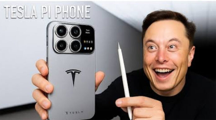 Elon Musk unveiling Tesla Model Pi smartphone during product launch event 2025