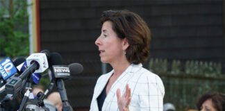 Former US Commerce Secretary Gina Raimondo speaking at a Washington policy forum on India–US trade relations