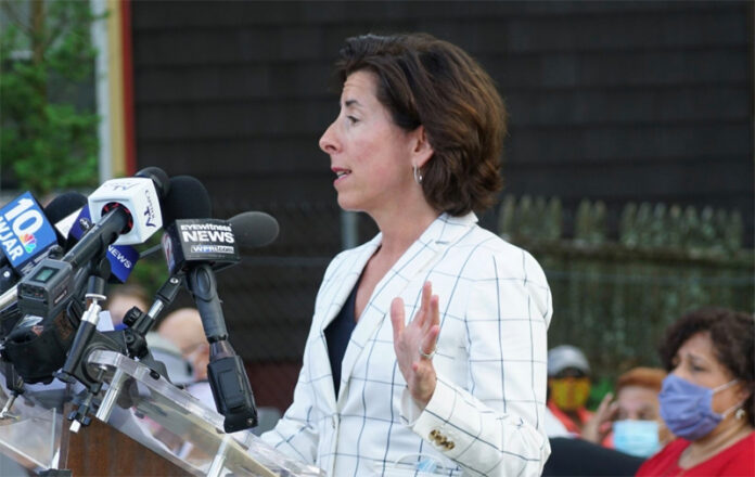 Former US Commerce Secretary Gina Raimondo speaking at a Washington policy forum on India–US trade relations