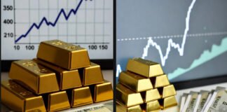 Gold bars and Indian rupee notes with price rise graph showing rebound in bullion rates