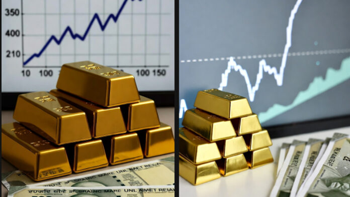 Gold-bars-and-Indian-rupee- Gold bars and Indian rupee notes with price rise graph showing rebound in bullion rates