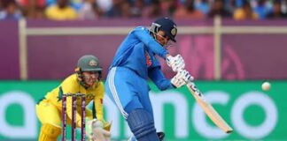 Harmanpreet Kaur playing a cover drive during her innings.