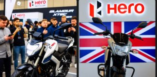 Hero MotoCorp motorcycle displayed at UK launch event 2025