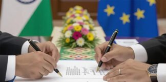 Indian and EU officials signing strategic cooperation agenda in 2025