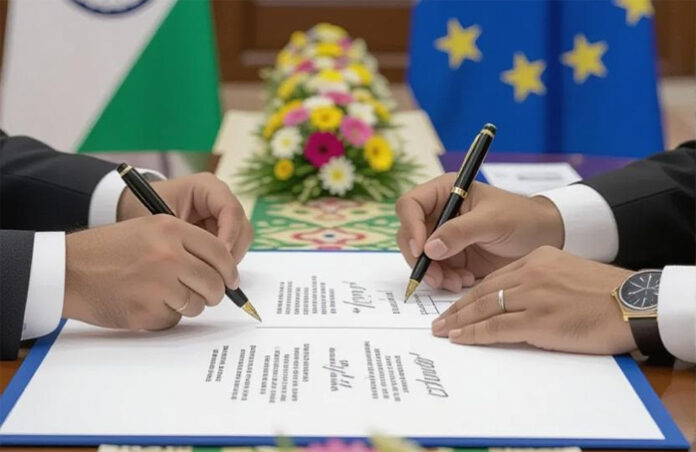 Indian-and-EU-officials-sig Indian and EU officials signing strategic cooperation agenda in 2025
