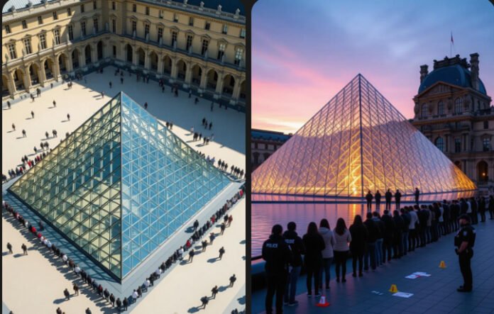 Louvre-Museum-glass-pyramid Louvre Museum glass pyramid Paris visitors queue after jewel heist, police investigation Louvre gallery crime scene