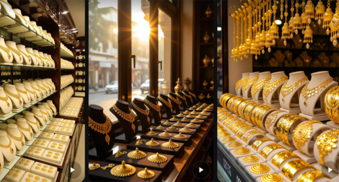Rows-of-gold-jewellery-disp Rows of gold jewellery displayed in a Mumbai shop amid price drop