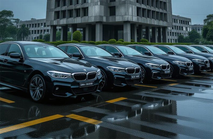 Seven-BMW-cars-parked-in-fr Seven BMW cars parked in front of a government office as part of Lokpal tender controversy.