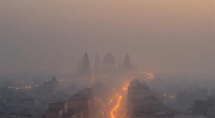 Smog-filled-Delhi-skyline-a Smog-filled Delhi skyline after Diwali 2025 fireworks