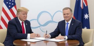 US President Donald Trump and Australian Prime Minister Anthony Albanese signing rare-earths agreement