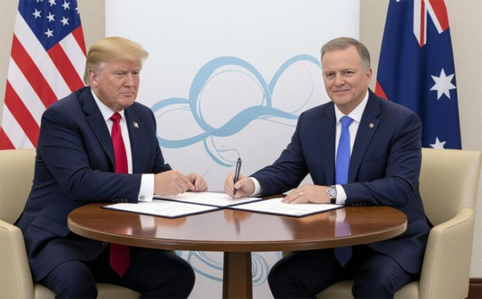 US President Donald Trump and Australian Prime Minister Anthony Albanese signing rare-earths agreement