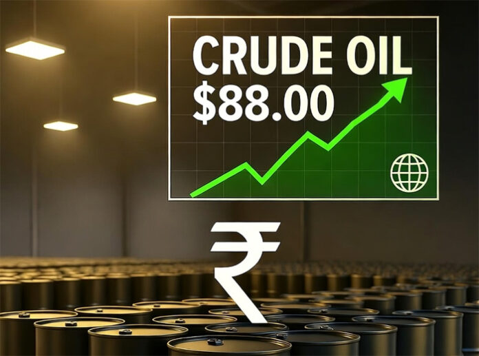 Oil barrels and global market chart showing crude prices rising above $88 per barrel on October 29 2025