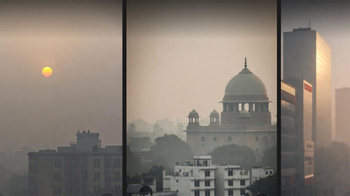 Smog-covered skyline of Delhi showing severe air pollution post-Diwali 2025