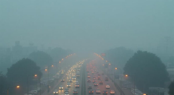 delhi-ncr-pollution-diwali- Dense smog blankets Delhi skyline ahead of Diwali 2025