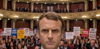 Protesters wave French flags outside the National Assembly in Paris amid France’s political crisis 2025