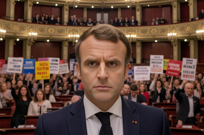 france-political-crisis-202 Protesters wave French flags outside the National Assembly in Paris amid France’s political crisis 2025