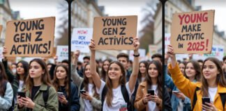 Young Gen Z activists at a political rally holding placards and smartphones in 2025