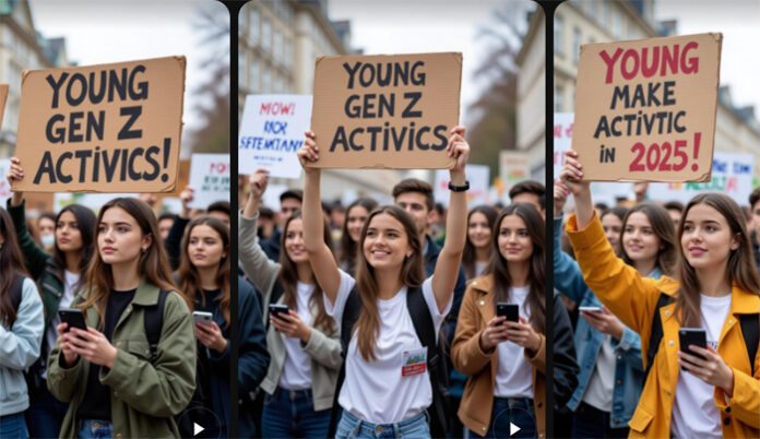 gen-z-global-politics-rise- Young Gen Z activists at a political rally holding placards and smartphones in 2025