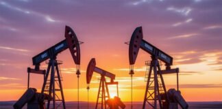 oil pump jacks Russia Tatarstan outside Almetyevsk, global crude market 2025, traders monitor oil futures screens