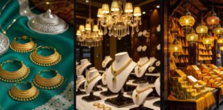 Gold coins and jewelry displayed for sale during Dhanteras 2025.