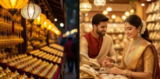 Shoppers examining ornaments during Diwali shopping season