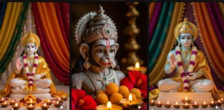 Illustration of Lord Hanuman blessing devotees on Chhoti Diwali