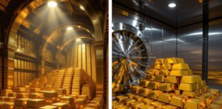 “India’s gold reserves surpass $100 billion 2025” / “Gold bars at RBI vault symbolize financial stability.”