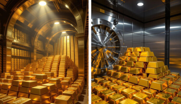 “India’s gold reserves surpass $100 billion 2025” / “Gold bars at RBI vault symbolize financial stability.”