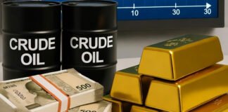 Stock market display board showing Sensex and Nifty indices, oil barrels, Indian rupee currency notes, and gold bars – India market update October 29 2025
