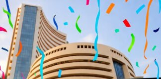 Entrepreneurs and investors celebrate new Mini-IPO listing at the NSE, representing India’s booming startup capital markets, October 2025