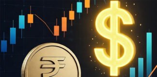 “Falling Indian rupee coin against rising US dollar symbol with stock chart in background – forex market India 2025.”