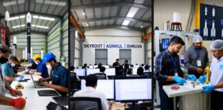 Private Indian space startups Skyroot, Agnikul, and Dhruva engineers working on launch vehicles