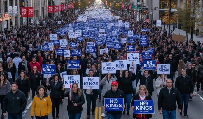 Crowds holding “No Kings” banners during political rally in the United States.