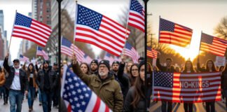 Protesters waving American flags during No Kings rallies in the U.S., October 2025.