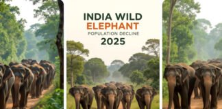 Herd of wild elephants in Indian forest, India’s wild elephant population decline 2025