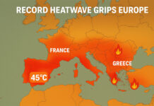 Record Heatwave Grips Europe, Triggers Emergency Measures Amid 45°C Temperatures Europe heatwave 2025 — map showing record 45°C temperatures in Spain and Italy, wildfires in Greece, and drought in France
