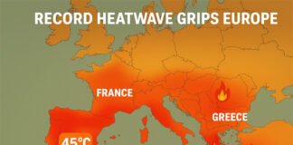 Europe heatwave 2025 — map showing record 45°C temperatures in Spain and Italy, wildfires in Greece, and drought in France