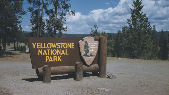 National Parks Increase Fees for Foreign Visitors Under America First Tourists at Yellowstone National Park with “Entrance Fee” sign indicating raised prices for international visitors.