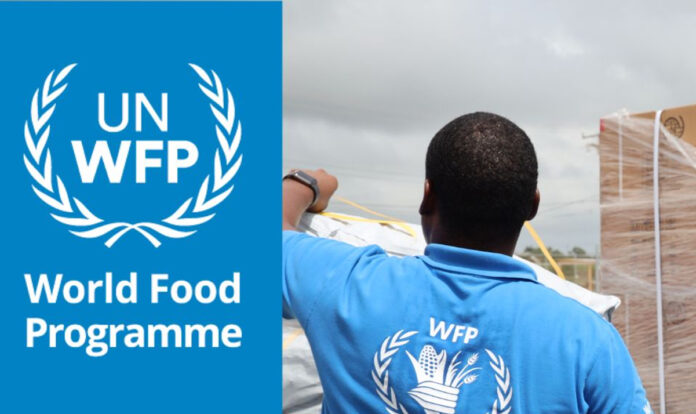 United Nations World Food Programme logo with food aid distribution
