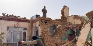 Damaged Blue Mosque and surrounding buildings after Afghanistan earthquake.
