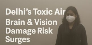 A woman in Delhi walks through heavy smog; study links long-term PM2.5 exposure to Alzheimer’s, dementia, and vision loss.