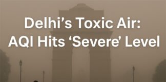 Thick smog blankets India Gate in Delhi as air pollution reaches severe levels; people walk wearing masks amid poor visibility.