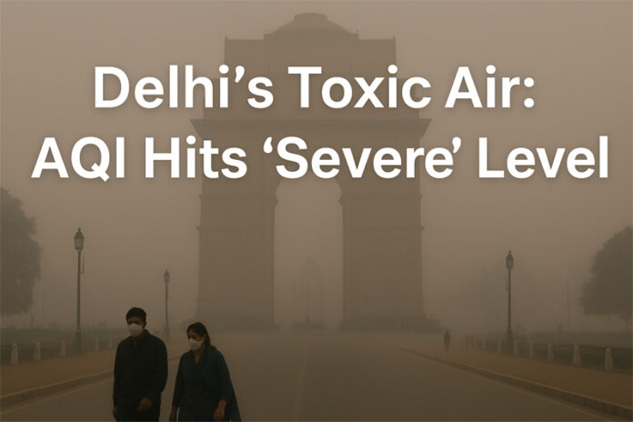 delhi-smog-aqi-severe-2025 Thick smog blankets India Gate in Delhi as air pollution reaches severe levels; people walk wearing masks amid poor visibility.