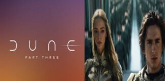Zendaya and Timothée Chalamet in Dune: Part Two still, with announcement text confirming Dune: Part Three final installment.