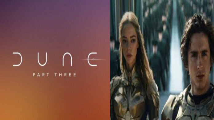 Zendaya and Timothée Chalamet in Dune: Part Two still, with announcement text confirming Dune: Part Three final installment.