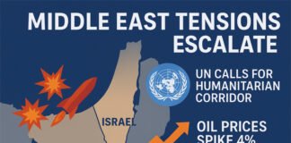 “Digital map showing Israel, Gaza, and nearby Middle East regions, with explosion markers and UN humanitarian symbols representing the ongoing Israel-Hamas conflict and oil price surge.”