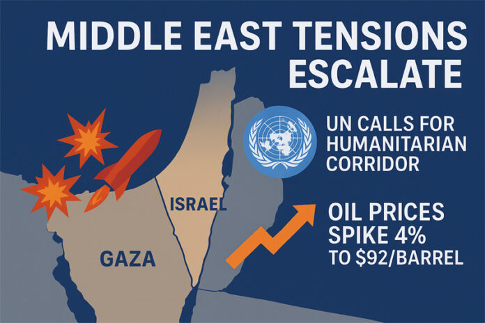 israel-hamas-ceasefire-coll “Digital map showing Israel, Gaza, and nearby Middle East regions, with explosion markers and UN humanitarian symbols representing the ongoing Israel-Hamas conflict and oil price surge.”